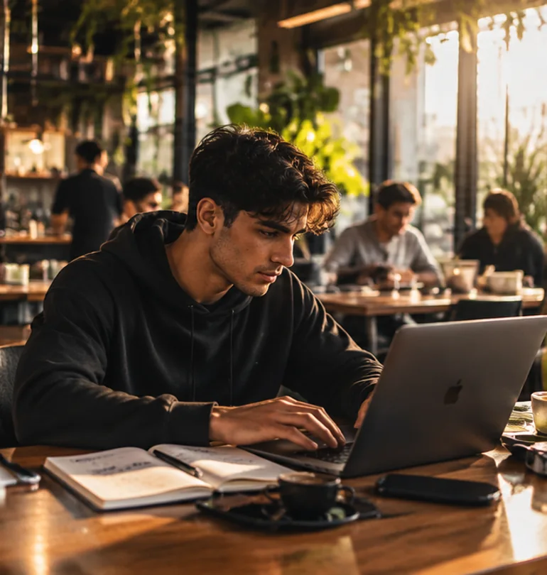 A young person studying and working on their business ideas at a café