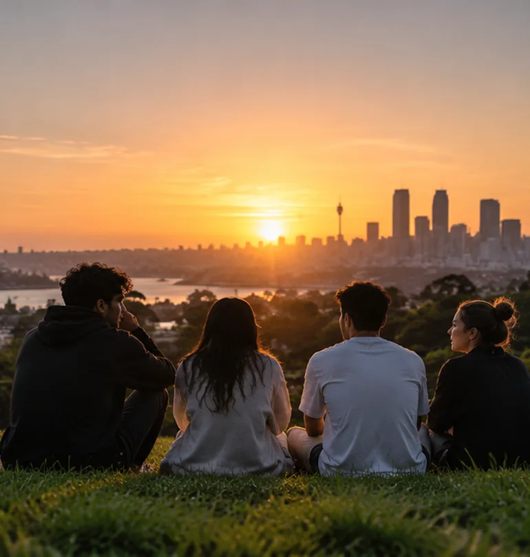 Friends sharing a quiet moment overlooking the city at sunset